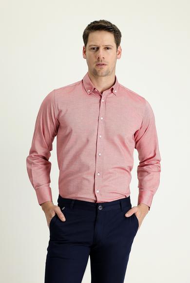 Erkek Giyim - AÇIK KIRMIZI L Beden Uzun Kol Regular Fit Oxford Pamuk Gömlek