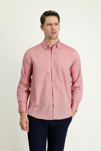 Erkek Giyim - AÇIK KIRMIZI L Beden Uzun Kol Regular Fit Oxford Pamuk Gömlek