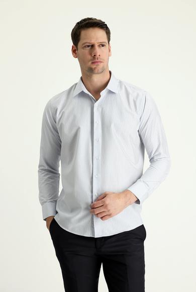 Erkek Giyim - ORTA GRİ L Beden Uzun Kol Slim Fit Çizgili Pamuklu Gömlek