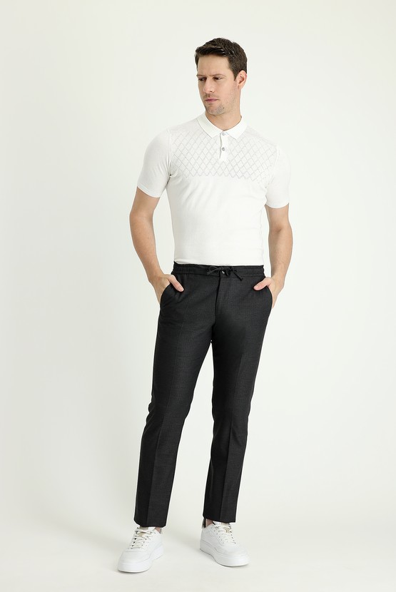 Erkek Giyim - Beli Lastikli İpli Desenli Likralı Klasik Kumaş Pantolon