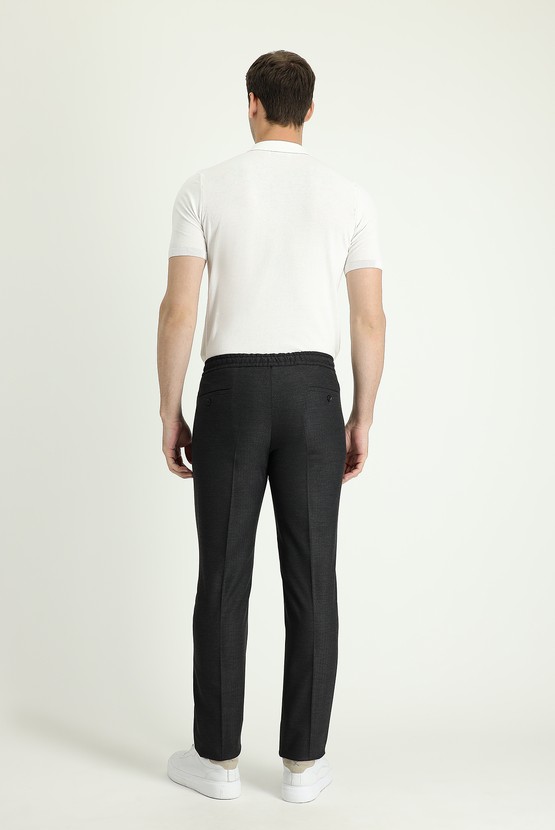 Erkek Giyim - Beli Lastikli İpli Desenli Likralı Klasik Kumaş Pantolon