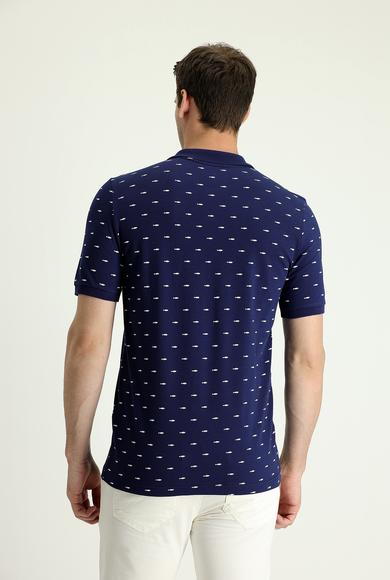 Erkek Giyim - SİYAH LACİVERT L Beden Polo Yaka Slim Fit Desenli Pamuk Tişört