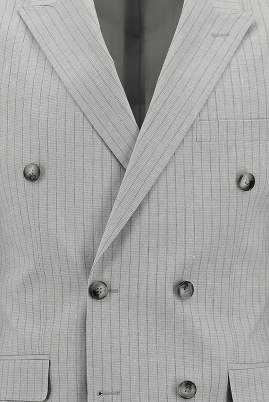 Erkek Giyim - Slim Fit Dar Kesim Kruvaze Beli Lastikli İpli Çizgili Keten Takım Elbise
