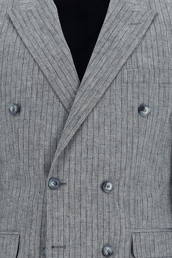 Erkek Giyim - Slim Fit Dar Kesim Kruvaze Beli Lastikli İpli Çizgili Keten Takım Elbise