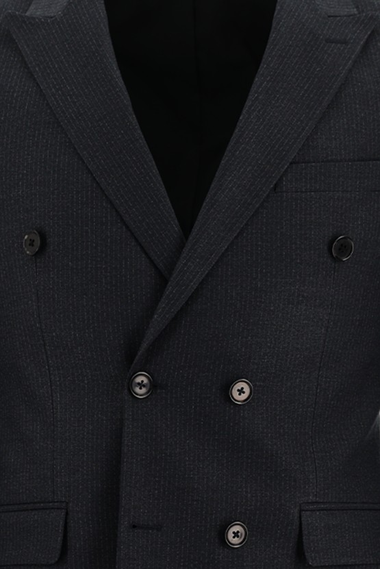 Erkek Giyim - Regular Fit Kruvaze Beli Lastikli İpli Çizgili Takım Elbise