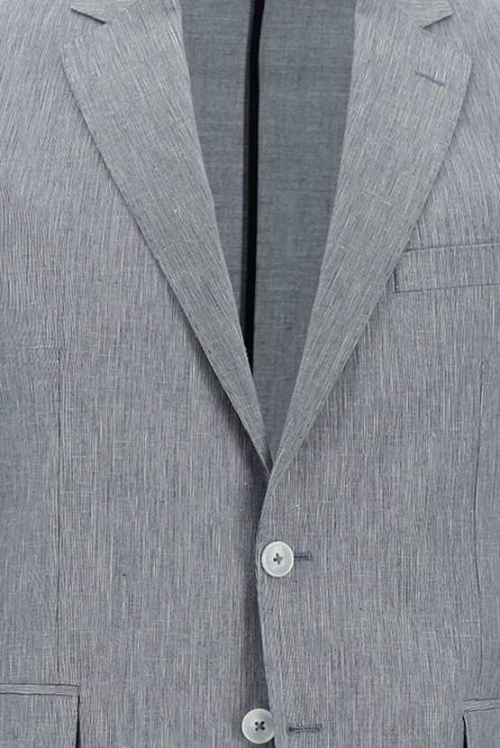 Erkek Giyim - Slim Fit Beli Lastikli İpli Desenli Pamuklu Keten Takım Elbise