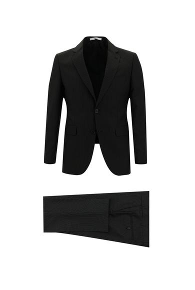 Erkek Giyim - SİYAH 46 Beden Slim Fit Klasik Çizgili Takım Elbise
