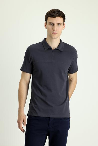 Erkek Giyim - SİYAH 3X Beden Polo Yaka Slim Fit Fermuarlı Tişört