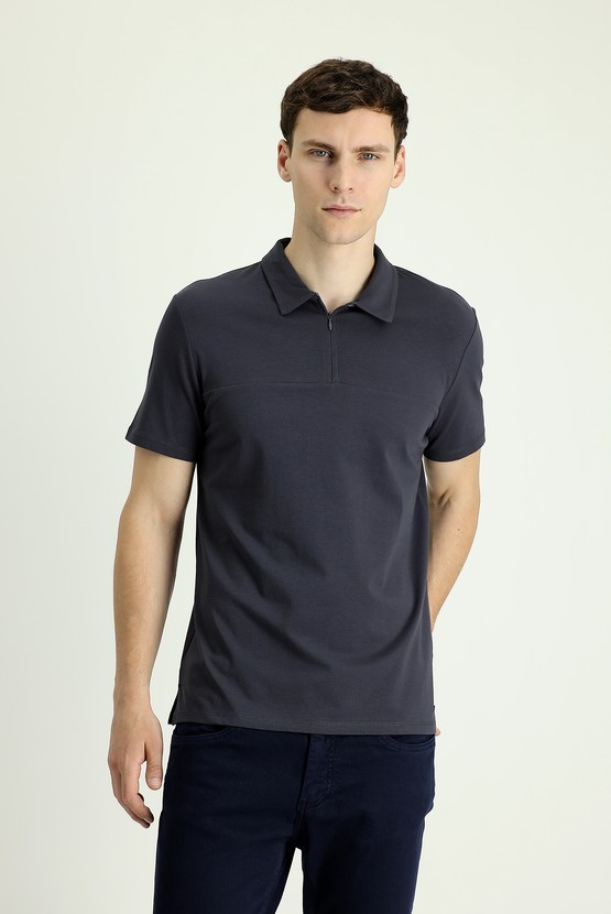 Erkek Giyim - Polo Yaka Slim Fit Fermuarlı Tişört