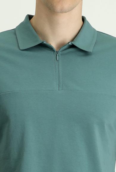 Erkek Giyim - KÜF YEŞİLİ 3X Beden Polo Yaka Slim Fit Dar Kesim Fermuarlı Tişört