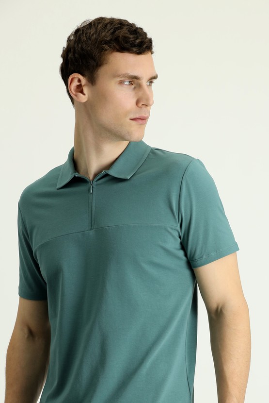 Erkek Giyim - Polo Yaka Slim Fit Fermuarlı Tişört