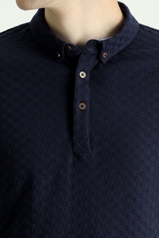 Erkek Giyim - Polo Yaka Slim Fit Desenli Pamuk Tişört