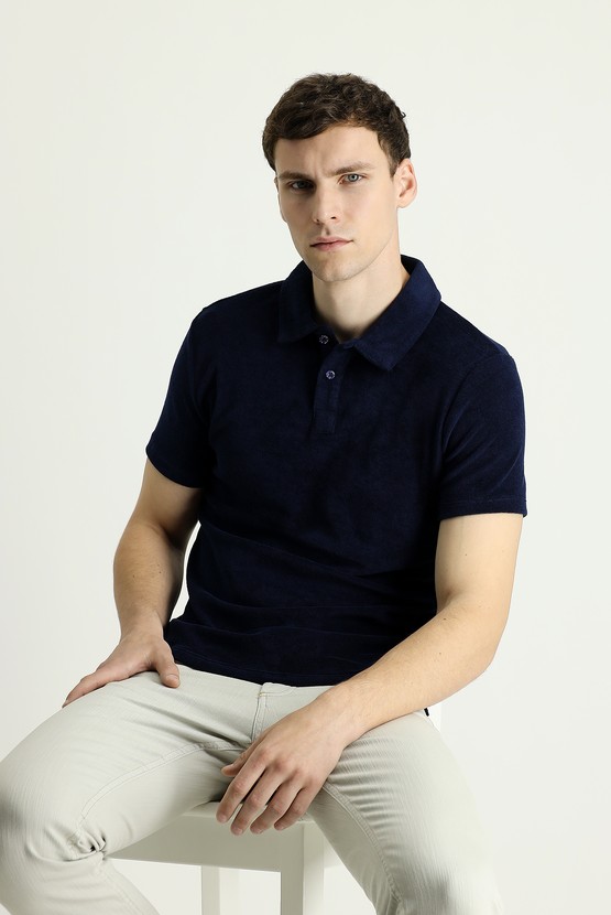 Erkek Giyim - Polo Yaka Slim Fit Pamuklu Havlu Kumaş Tişört
