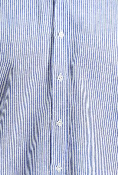 Erkek Giyim - ORTA LACİVERT 4X Beden Kısa Kol Regular Fit Çizgili Pamuklu Keten Gömlek