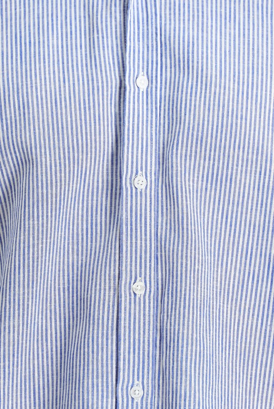 Erkek Giyim - Kısa Kol Regular Fit Çizgili Pamuklu Keten Gömlek