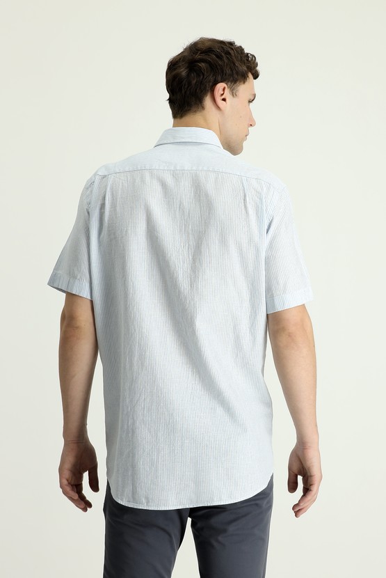 Erkek Giyim - Kısa Kol Regular Fit Çizgili Pamuklu Keten Gömlek