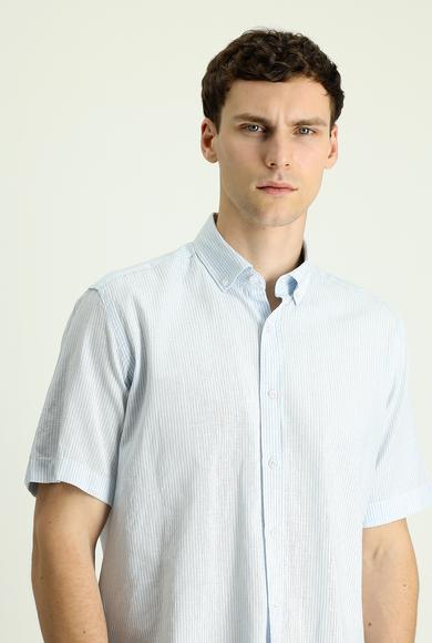 Erkek Giyim - AÇIK MAVİ 3X Beden Kısa Kol Regular Fit Çizgili Pamuklu Keten Gömlek