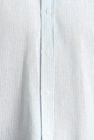 Erkek Giyim - AÇIK MAVİ 3X Beden Kısa Kol Regular Fit Çizgili Pamuklu Keten Gömlek