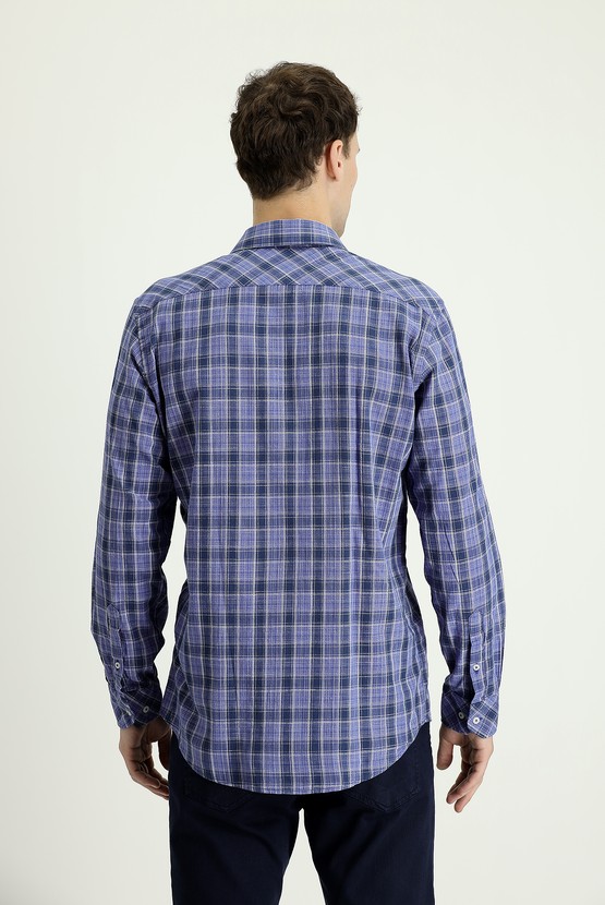 Erkek Giyim - Uzun Kol Regular Fit Ekose Pamuklu Keten Gömlek