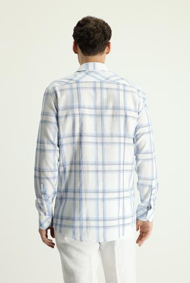 Erkek Giyim - AÇIK MAVİ XS Beden Uzun Kol Slim Fit Ekose Keten Gömlek