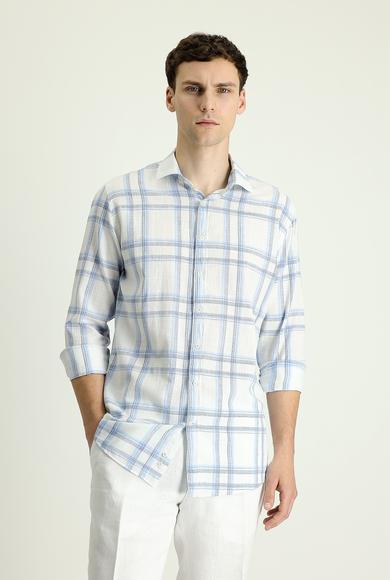 Erkek Giyim - AÇIK MAVİ S Beden Uzun Kol Slim Fit Ekose Pamuklu Keten Gömlek