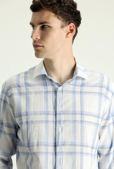 Erkek Giyim - AÇIK MAVİ XS Beden Uzun Kol Slim Fit Ekose Keten Gömlek