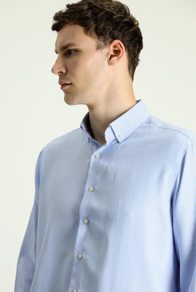 Erkek Giyim - GÖK MAVİSİ L Beden Uzun Kol Regular Fit Çizgili Pamuklu Gömlek