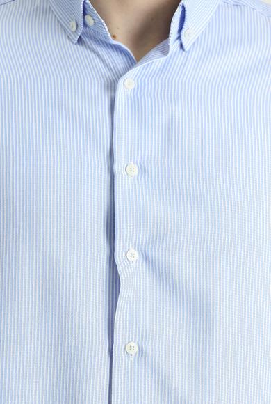 Erkek Giyim - GÖK MAVİSİ L Beden Uzun Kol Regular Fit Çizgili Pamuklu Gömlek
