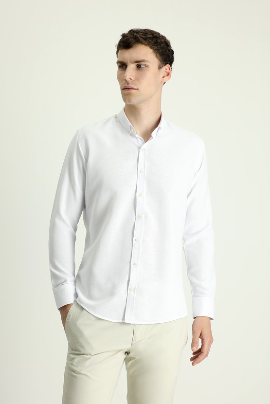 Erkek Giyim - Uzun Kol Slim Fit Desenli Spor Pamuklu Gömlek