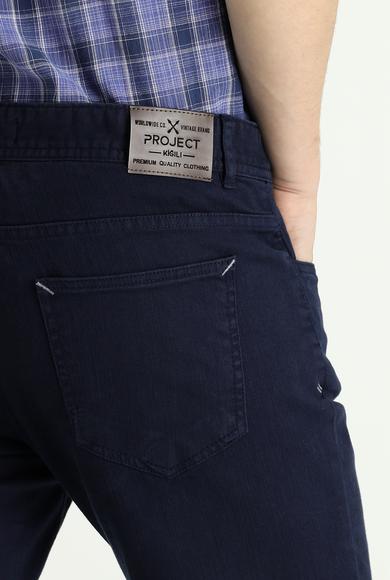 Erkek Giyim - ORTA LACİVERT 52 Beden Slim Fit Likralı Kanvas / Chino Pantolon