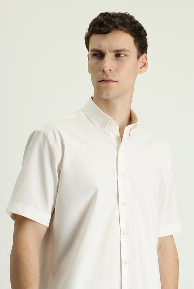 Erkek Giyim - EKRU M Beden Kısa Kol Regular Fit Desenli Pamuk Gömlek