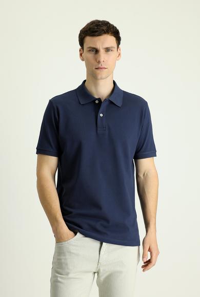 Erkek Giyim - ORTA LACİVERT 4X Beden Polo Yaka Regular Fit Nakışlı Pamuk Tişört