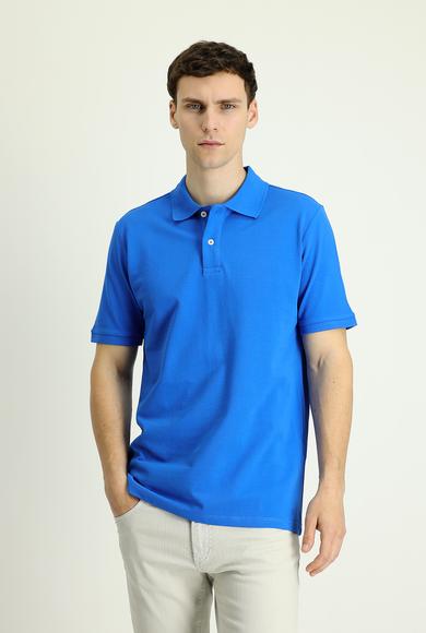 Erkek Giyim - SAKS MAVİ 3X Beden Polo Yaka Regular Fit Nakışlı Pamuk Tişört