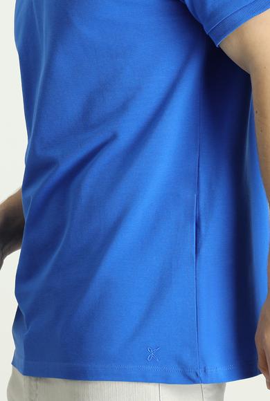 Erkek Giyim - SAKS MAVİ 3X Beden Polo Yaka Regular Fit Nakışlı Pamuk Tişört