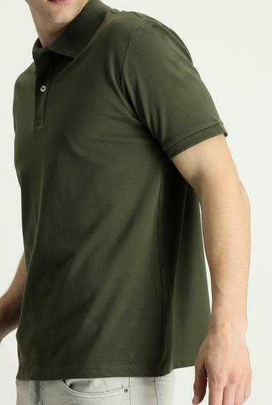 Erkek Giyim - ORTA HAKİ 3X Beden Polo Yaka Regular Fit Nakışlı Pamuk Tişört