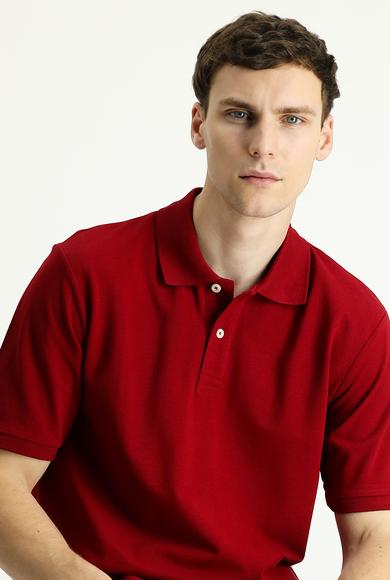 Erkek Giyim - KOYU KIRMIZI L Beden Polo Yaka Regular Fit Nakışlı Pamuk Tişört