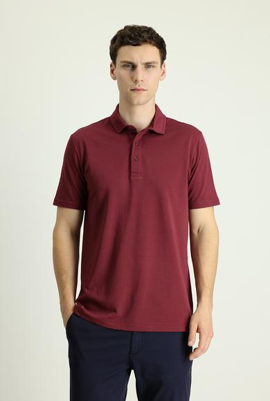 Erkek Giyim - AÇIK BORDO 3X Beden Polo Yaka Regular Fit Nakışlı Pamuklu Tişört