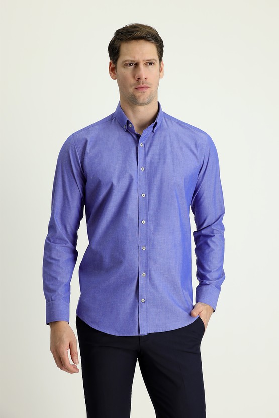 Erkek Giyim - Uzun Kol Slim Fit Dar Kesim Spor Pamuk Gömlek
