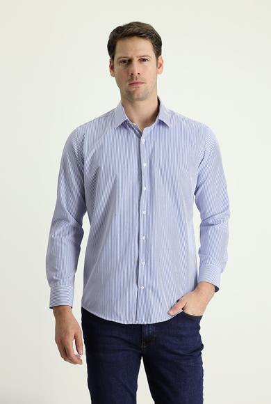 Erkek Giyim - KOYU MAVİ L Beden Uzun Kol Slim Fit Çizgili Pamuklu Gömlek