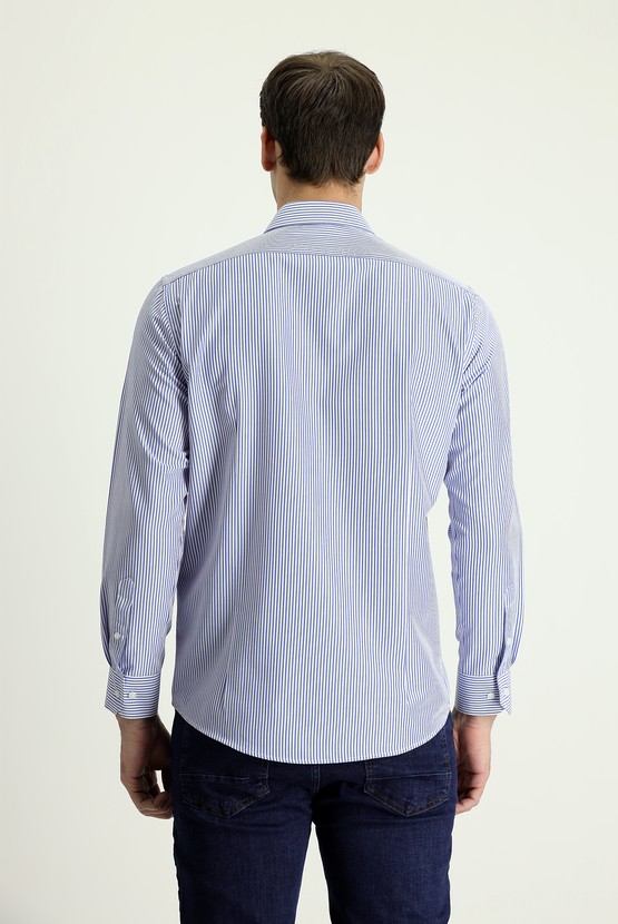Erkek Giyim - Uzun Kol Slim Fit Dar Kesim Çizgili Pamuklu Gömlek