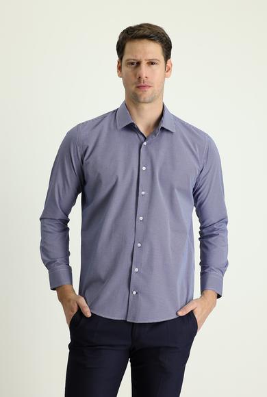 Erkek Giyim - KOYU LACİVERT M Beden Uzun Kol Slim Fit Desenli Pamuklu Gömlek