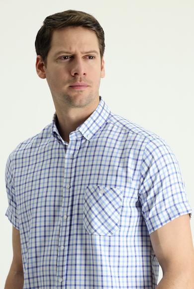 Erkek Giyim - UÇUK MAVİ L Beden Kısa Kol Regular Fit Ekose Pamuklu Gömlek