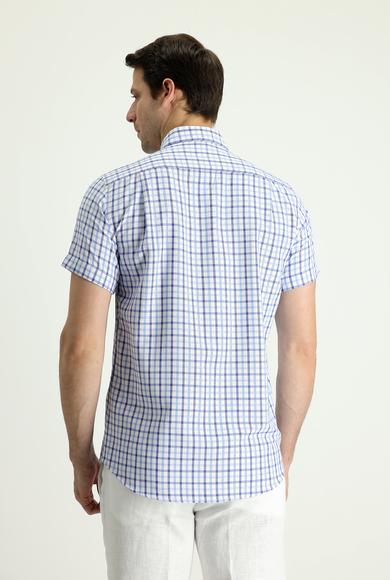 Erkek Giyim - UÇUK MAVİ 3X Beden Kısa Kol Regular Fit Ekose Pamuklu Gömlek