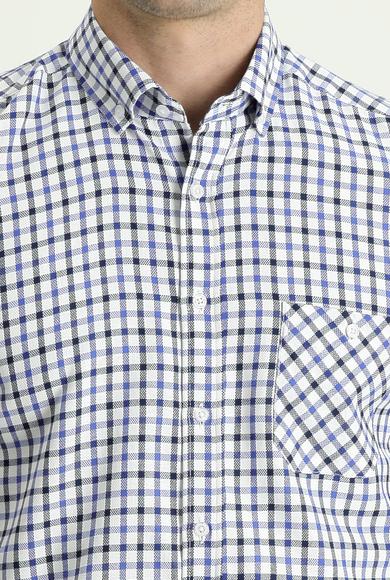 Erkek Giyim - ORTA LACİVERT 3X Beden Kısa Kol Regular Fit Ekose Pamuklu Gömlek