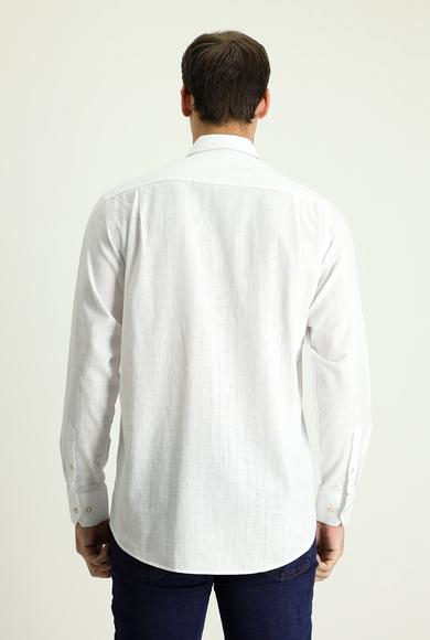 Erkek Giyim - BEYAZ M Beden Uzun Kol Regular Fit Keten Görünümlü Desenli Pamuk Gömlek