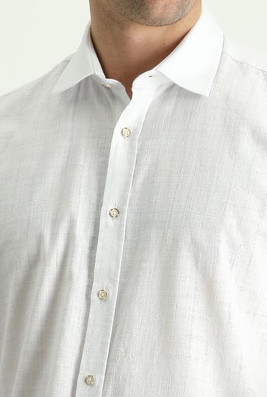 Erkek Giyim - BEYAZ M Beden Uzun Kol Regular Fit Keten Görünümlü Desenli Pamuk Gömlek