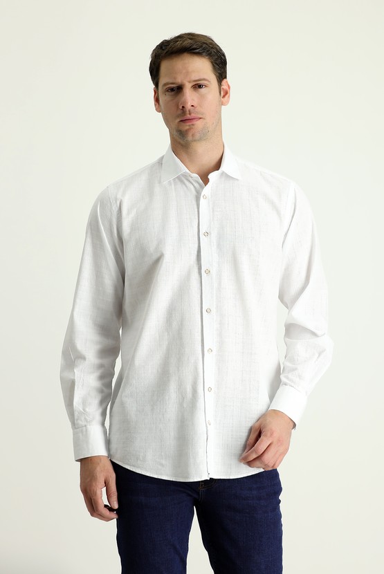Erkek Giyim - Uzun Kol Regular Fit Keten Görünümlü Desenli Pamuk Gömlek