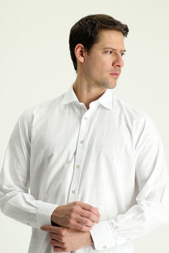 Erkek Giyim - Uzun Kol Regular Fit Keten Görünümlü Desenli Pamuk Gömlek