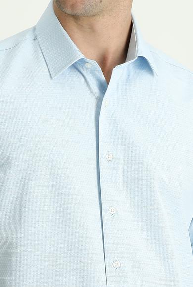 Erkek Giyim - AÇIK MAVİ M Beden Kısa Kol Regular Fit Desenli Pamuklu Gömlek