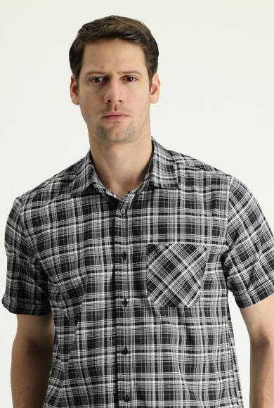 Erkek Giyim - SİYAH XL Beden Kısa Kol Regular Fit Ekose Spor Pamuklu Gömlek